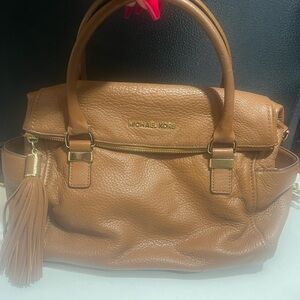 Michael Kors Cognac Pebbled Leather Fold Over Satchel with Tassel